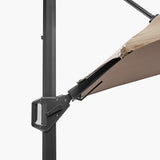 Close-up of the Challenger T2 Taupe Cantilever Parasol's aluminium joint mechanism, showing the black hinge bracket connecting the side mast to the angled arm and taupe fabric canopy.
