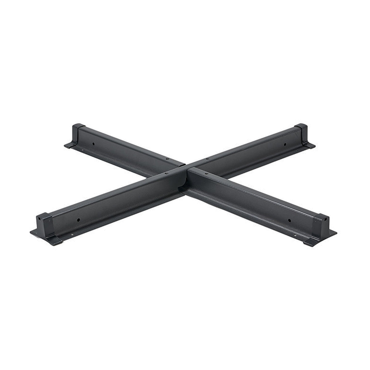 Steel Parasol Cross Base in matte black finish, four flat arms meeting at a central hub with mounting holes, shown on a plain white background.