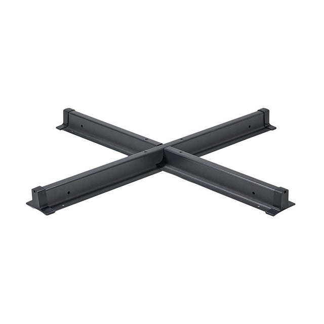 Steel Parasol Cross Base in matte black finish, four flat arms meeting at a central hub with mounting holes, shown on a plain white background.