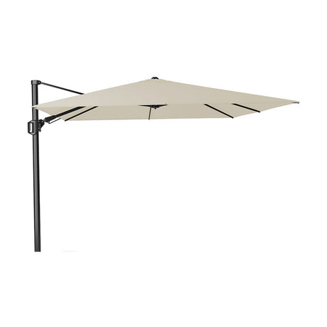 Challenger T2 Premium Champagne Cantilever Parasol, 3m square canopy with off-centre pole and dark metal frame, shown against a plain white background.