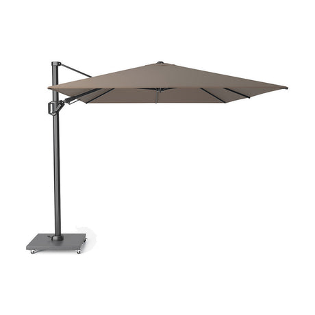 Challenger T2 3.5 X Rectangular cantilever parasol in taupe fabric with dark aluminium mast, cross-brace canopy support and wheeled base, shown on a plain white background.