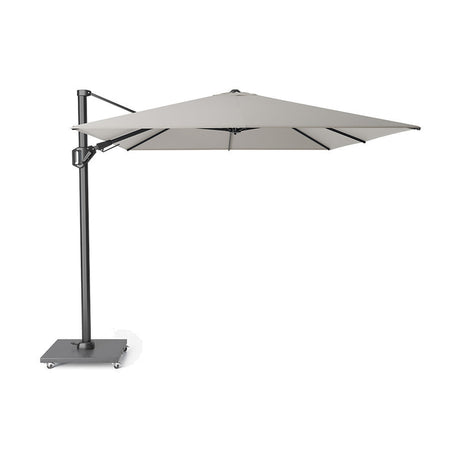 Challenger T2 3.5 X rectangular cantilever parasol in Manhattan grey, with aluminium side arm pole, fabric canopy, and wheeled weighted base, on a plain white background.
