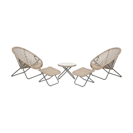 Tobs Outdoor Grey Foldable Loungers Set with two round woven chairs, matching footstools, and a glass-top side table on folding steel frames, shown on a plain white background.