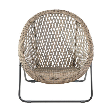 Tobs Outdoor Foldable Lounger with round synthetic wicker weave in grey, curved teardrop shape on a black metal frame, shown against a plain white background.