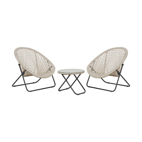 Tobs Outdoor Cream Foldable Loungers Set with two round woven cream chairs and a matching glass-top side table on black metal frames, shown on a white background.