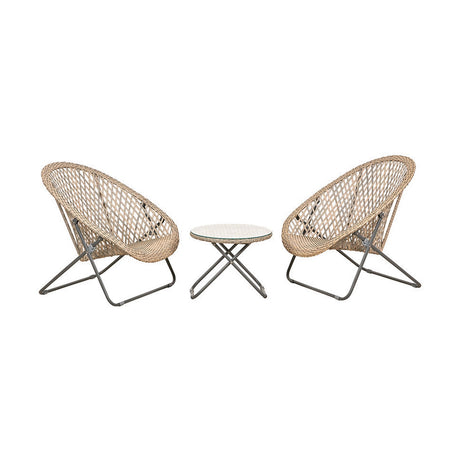 Tobs Outdoor Grey Foldable Loungers Set - two round woven wicker chairs with folding grey steel legs, plus a matching round side table with glass top, shown on a plain white background.