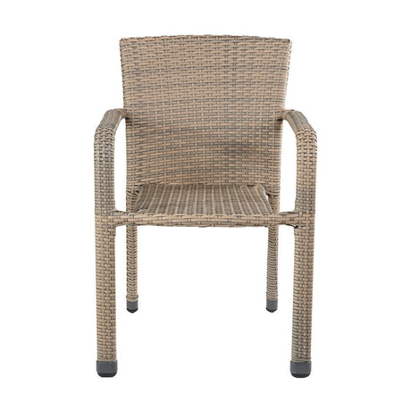 Tobs Outdoor Grey Synthetic Rattan Stacking Chair, 83cm, with woven rattan seat and back, curved armrests, and aluminium legs on a plain white background.