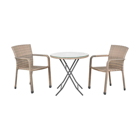 Tobs Outdoor Grey Synthetic Rattan Stackable Bistro Set with round glass-top table and two stackable armchairs on grey metal frames, shown on a plain white background.