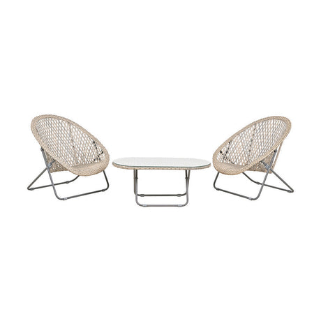 Tobs outdoor foldable lounger set with oval table, two round woven grey chairs with folding metal legs and a glass-top table, shown on a plain white background.