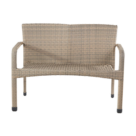 Tobs outdoor garden bench in grey synthetic rattan with woven seat, back and armrests on an aluminium frame, shown on a plain white background.