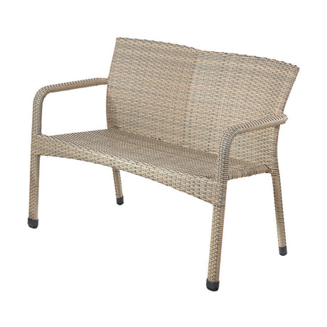 Tobs Outdoor Grey Synthetic Rattan Stacking Bench, 83cm, with woven wicker seat, back and armrests on an aluminium frame, shown on a plain white background.