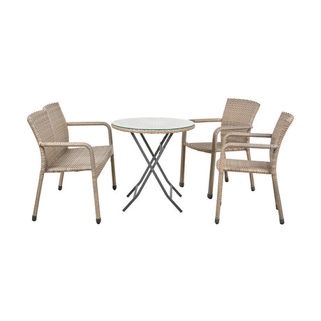 Tobs outdoor bistro set with three woven synthetic rattan armchairs and a round folding table with glass top, aluminium frame in natural tones, on a plain white background.