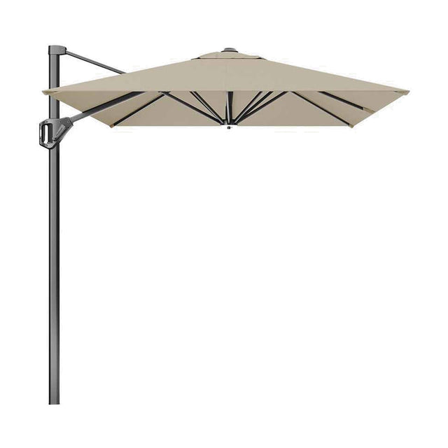 Voyager T1 X rectangular cantilever parasol, 3m, in champagne fabric with a square canopy on an aluminium side arm and pole, shown on a plain white background.