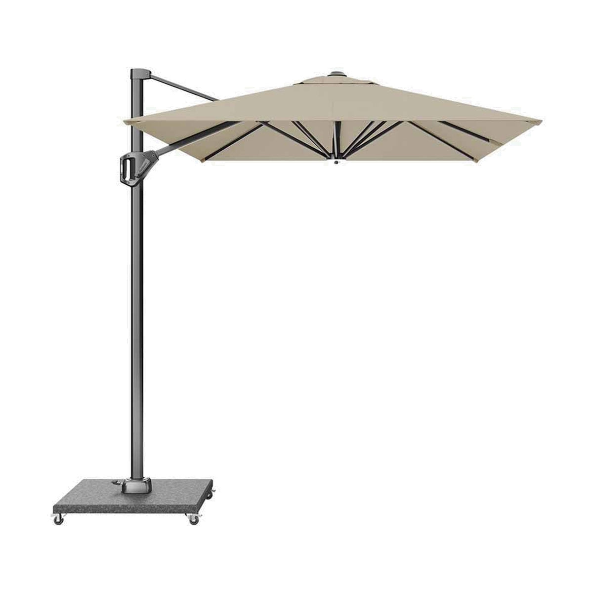 Voyager T1 X rectangular cantilever parasol in champagne with grey aluminium pole and side arm, on a wheeled dark granite base, shown against a plain white background.