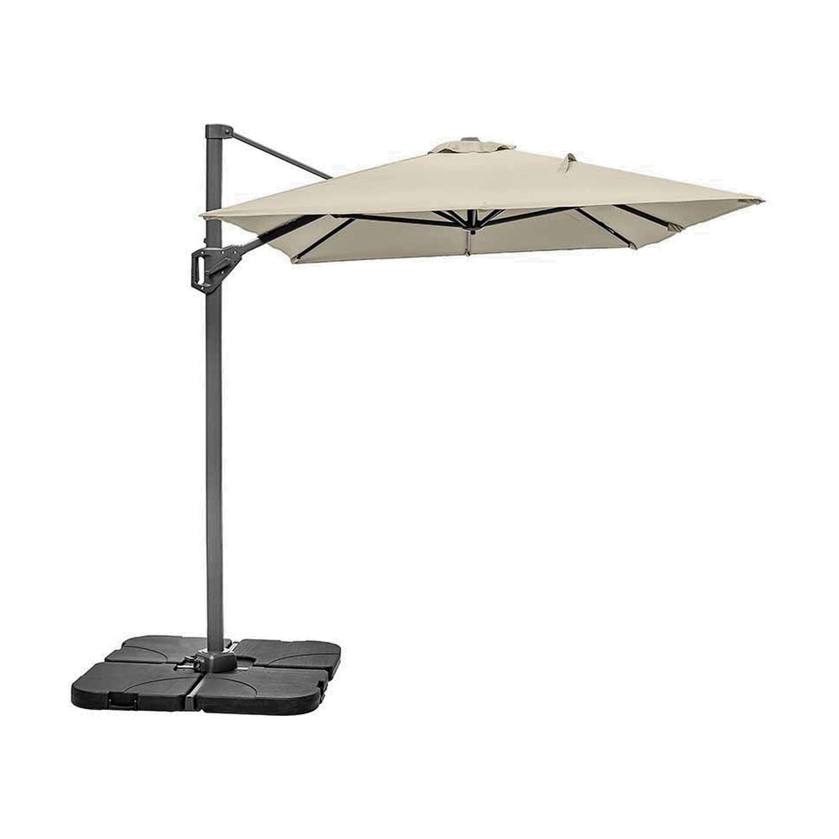 Voyager T1 X rectangular cantilever parasol in champagne with grey aluminium pole and arm, shown open on a black cross-base weight system against a plain white background.