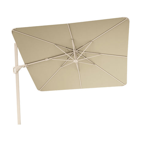 Underside view of the champagne Nexus T2 cantilever parasol, showing the square canopy, support ribs, and off-set aluminium pole with hinge mechanism on a white background.