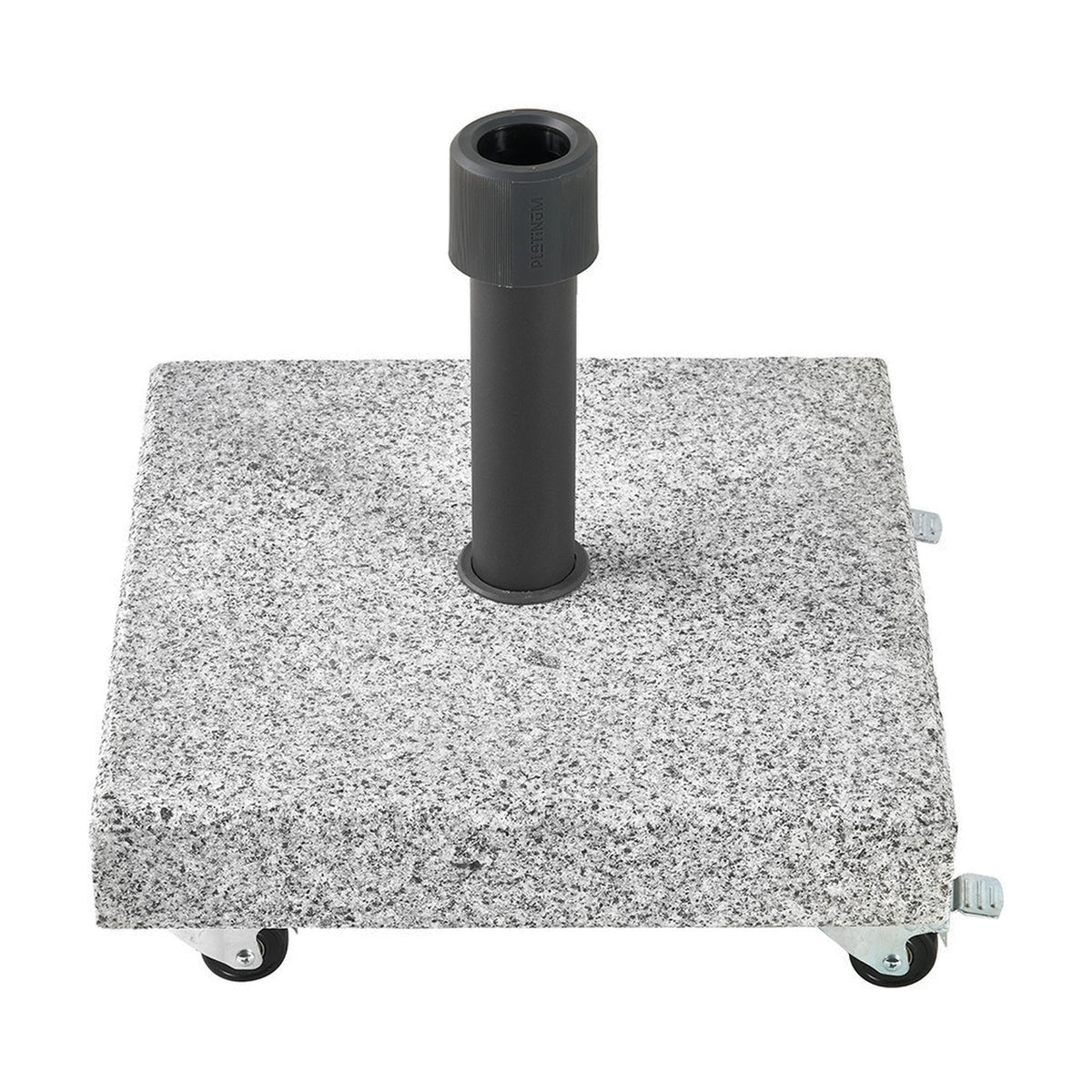 Salerno Hammered Grey 40kg wheeled parasol base with square speckled granite plate, black cylindrical pole socket, and castor wheels, shown on a plain white background.