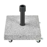 Salerno Hammered Grey 40kg wheeled parasol base with square speckled granite plate, black cylindrical pole socket, and castor wheels, shown on a plain white background.