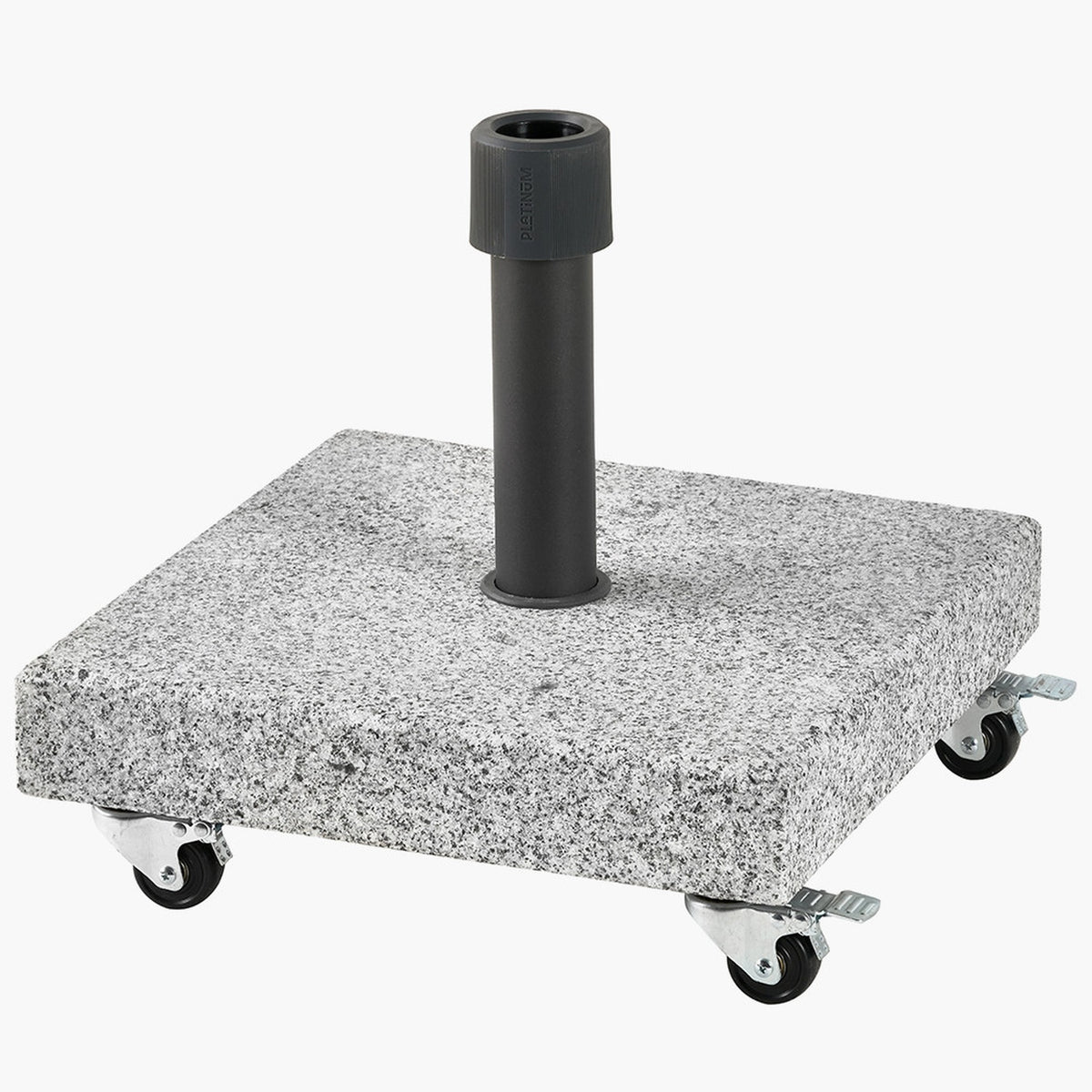 Salerno Hammered Grey 40KG Wheeled Parasol Base with a square speckled grey stone base, dark grey pole fitting, and four castor wheels, shown on a plain white background.