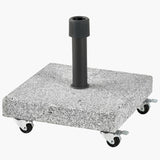 Salerno Hammered Grey 40KG Wheeled Parasol Base with a square speckled grey stone base, dark grey pole fitting, and four castor wheels, shown on a plain white background.