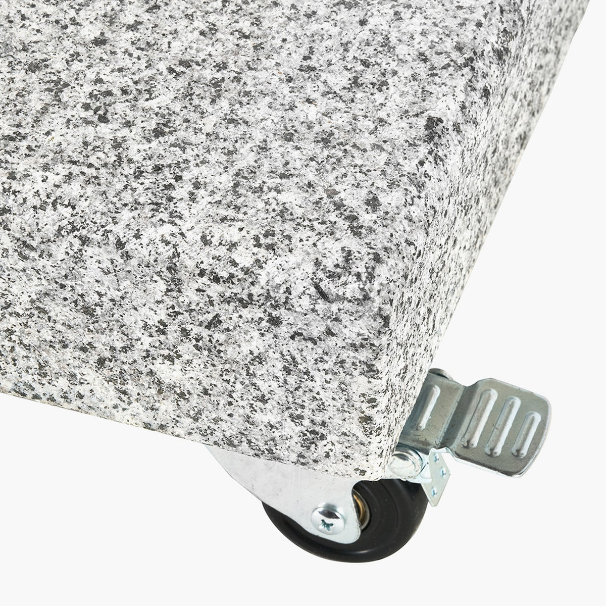 Close-up of the Salerno Hammered Grey 40KG Wheeled Parasol Base corner, showing a speckled grey finish, chrome castor wheel, and metal clip fastening on a white background.