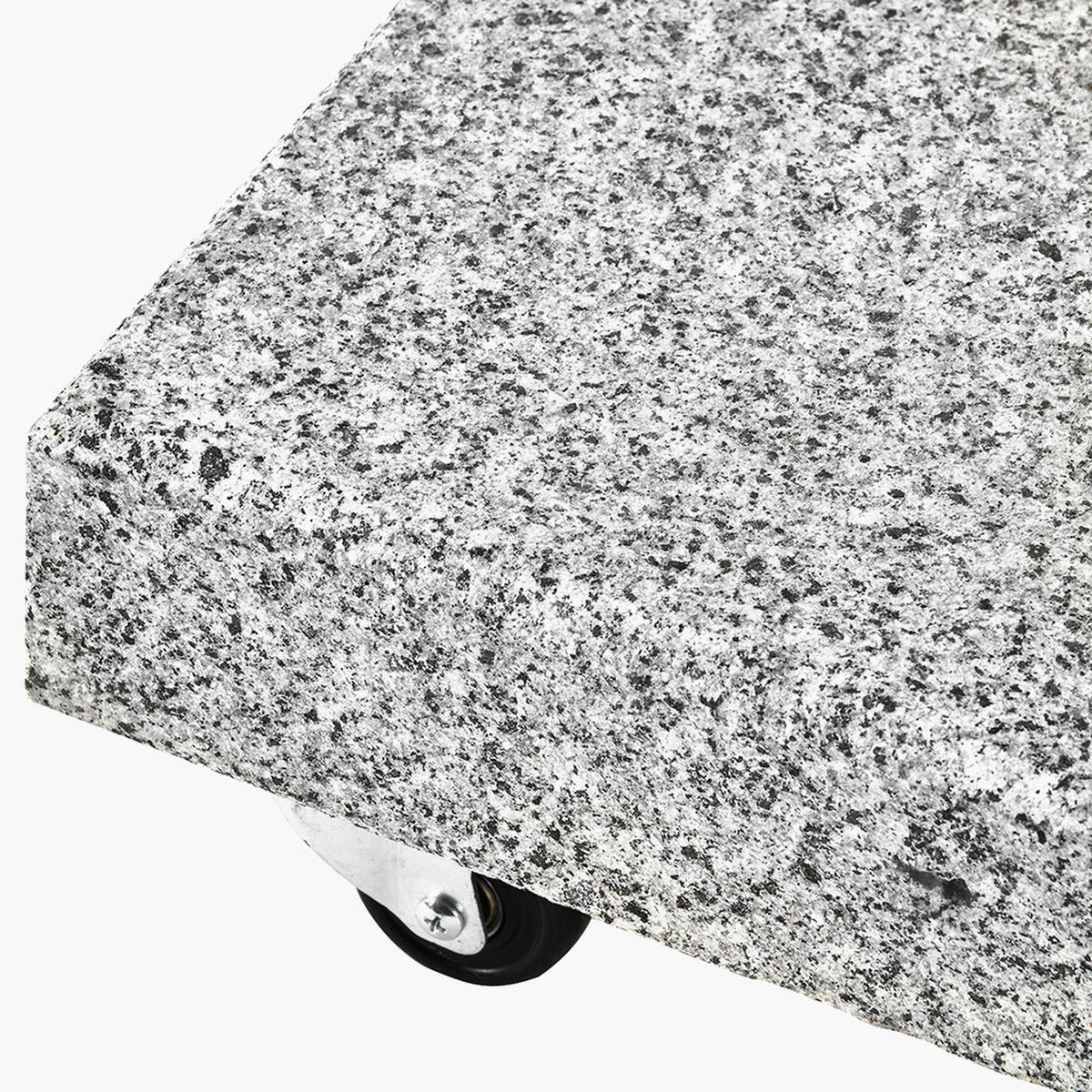 Close-up of the Salerno Hammered Grey 40kg Wheeled Parasol Base corner, showing speckled grey stone texture and a small black castor wheel on white background.