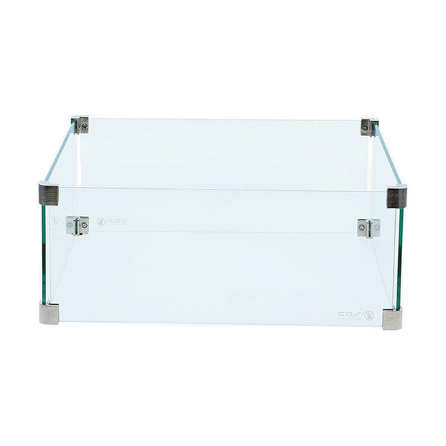 Cosiglass Large Fire Pit surround, 21cm tall tempered glass panels with brushed metal corner brackets, shown on a plain white background.