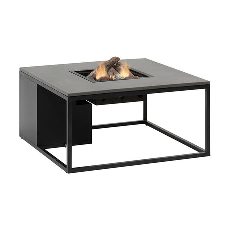 Cosi Black & Grey Gas Fire Pit Table, 100cm square design with a grey tabletop, black metal frame, and central burner with log-effect flame, shown on a plain white background.