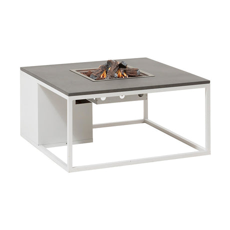 Cosi White & Grey Gas Fire Pit Table, 100cm, square grey tabletop with white metal frame and lit log-effect burner, on a plain white background.