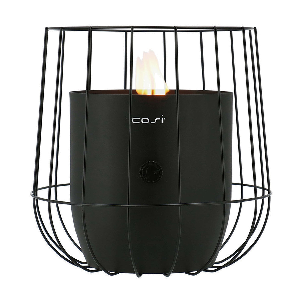 Cosi Basket Black Gas Flame Lantern, 31cm, a cage-style steel fire lantern with lit flame visible inside a black cylindrical burner, control knob on front, plain white background.