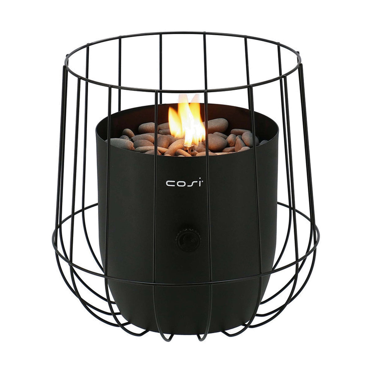 Cosi Basket Black Gas Flame Lantern, 31cm, with round wire cage frame, black cylindrical burner, pebbles, and visible flame, shown on a plain white background.