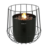 Cosi Basket Black Gas Flame Lantern, 31cm, with round wire cage frame, black cylindrical burner, pebbles, and visible flame, shown on a plain white background.