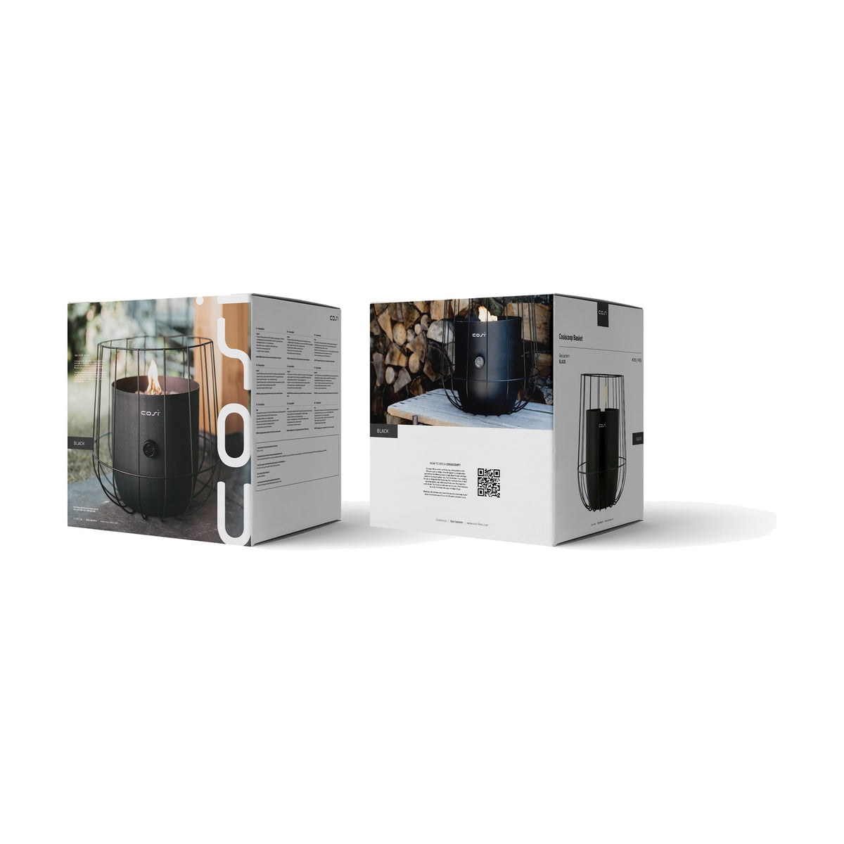 Retail packaging boxes for the Cosi Basket Black Gas Flame Lantern, 31cm, with front and back product photos, specifications, and QR code shown.