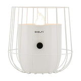 Cosi Basket White Gas Flame Lantern, 31cm, with a cylindrical white steel body inside an open wire cage frame, black control knob, and visible flame, shown on a plain white background.