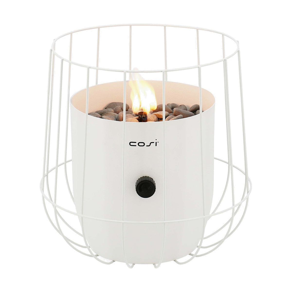 Cosi Basket White Gas Flame Lantern, 31cm, with a wire-cage steel design around a white ceramic burner filled with pebbles and a lit flame, control knob on front, shown on a plain white background.