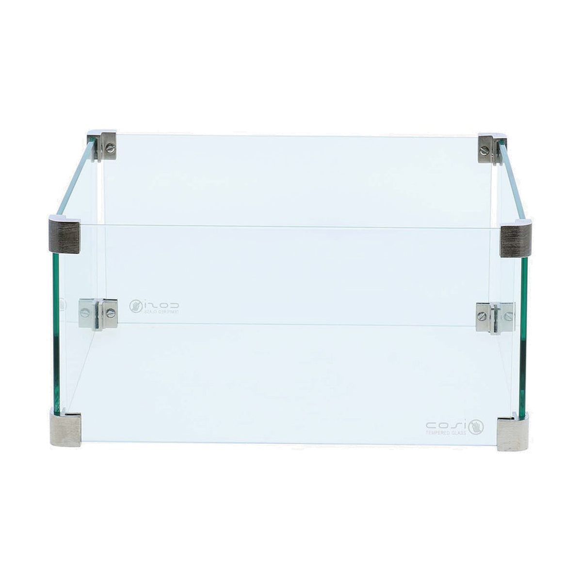 Cosiglass Set Medium Fire Pit surround, 21cm tall tempered glass panels with brushed metal corner brackets, shown on a plain white background.