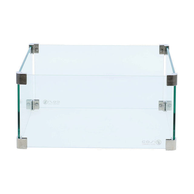 Cosiglass Set Medium Fire Pit surround, 21cm tall tempered glass panels with brushed metal corner brackets, shown on a plain white background.