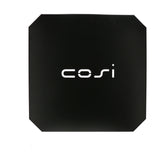 Cosi Cover Plate Medium fire pit accessory, a square matte black cover with cut corners and white "cosi" logo, shown on a plain background.