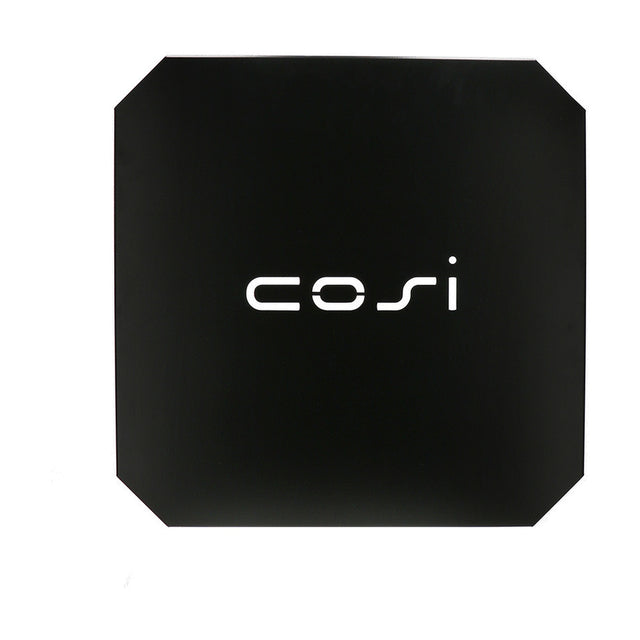 Cosi Cover Plate Medium fire pit accessory, a square matte black cover with cut corners and white "cosi" logo, shown on a plain background.