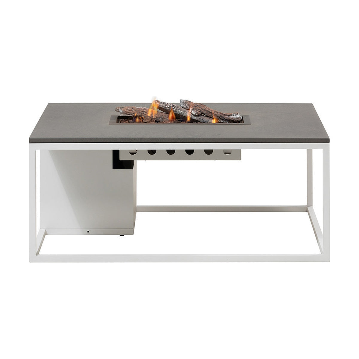 Cosi White & Grey Gas Fire Pit Table, 120cm, with grey stone-effect top, white metal frame, and lit ceramic log burner, shown on a plain white background.