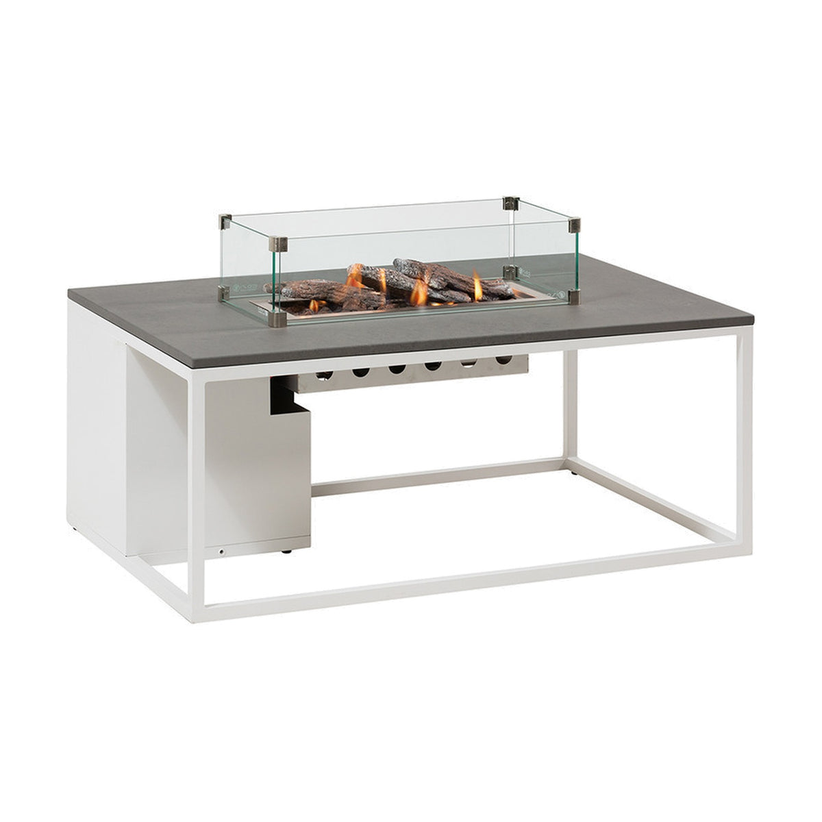 Cosi White & Grey Gas Fire Pit Table, 120cm, with grey tabletop, white aluminium frame, glass windguard and lit ceramic logs, shown on a plain white background.