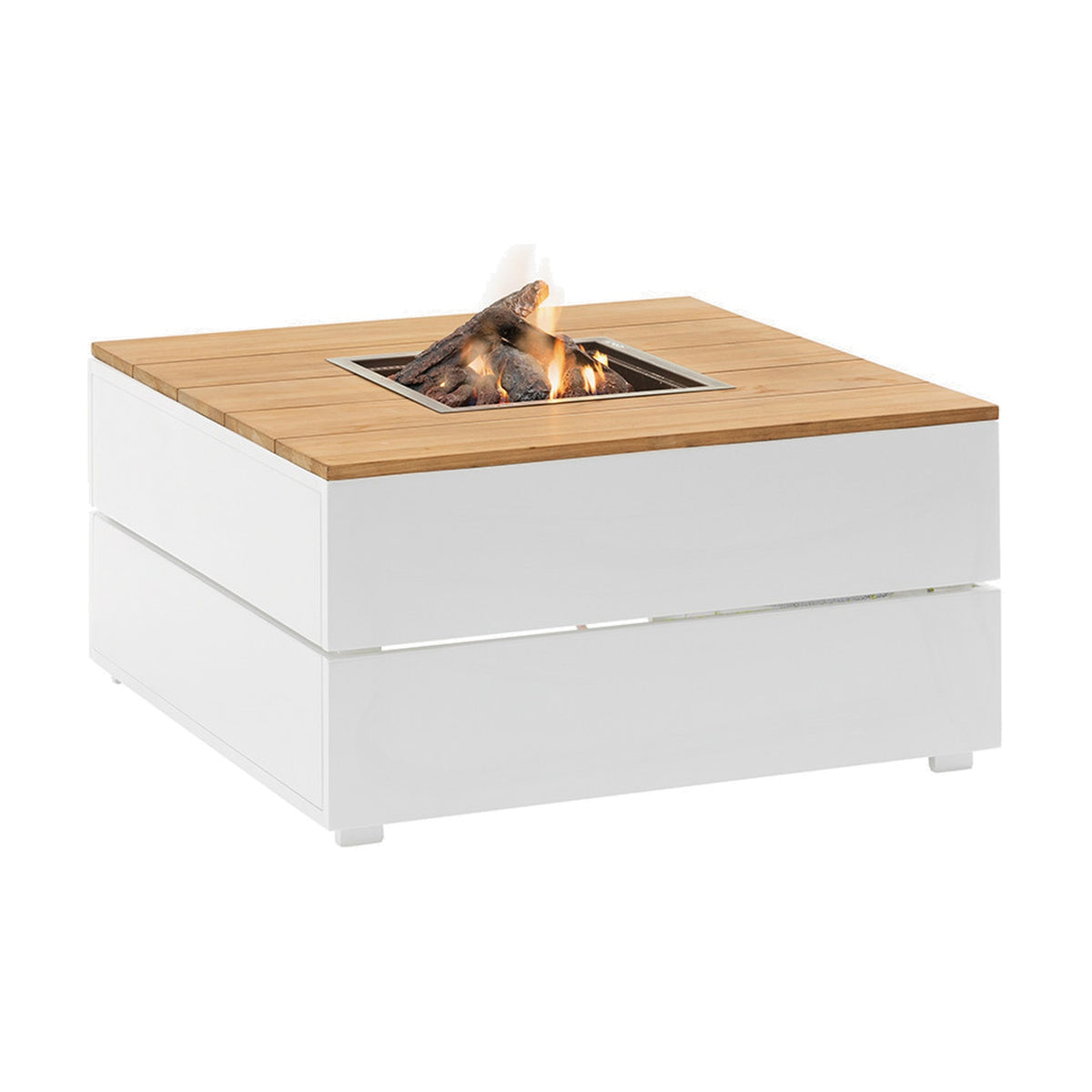 Cosi White & Teak Square Gas Fire Pit, 100cm, with lit log-effect burner, white base and teak-slat top, on a plain white background.