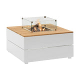 Cosi White & Teak Square Gas Fire Pit, 100cm, with a white base, teak top, and glass flame guard around burning logs, on a plain white background.