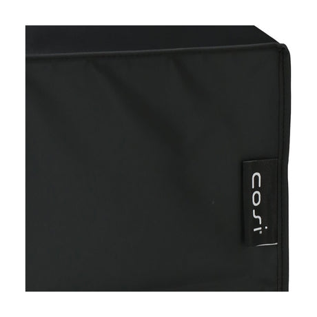 Close-up of the Cosipillar Dome All Weather Protection Cover corner in black PVC fabric, showing stitched seams and a small Cosi branded tab, set against a white background.