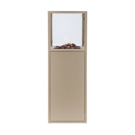 Cosi Dome Sandy Beige Gas Lantern, 116cm tall aluminium-framed fire lantern with glass top chamber and lava rocks, beige finish, on a plain white background.
