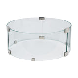Cosiglass Set Large Fire Pit surround, 52cm round tempered glass panel with brushed metal corner brackets, shown on a plain white background.