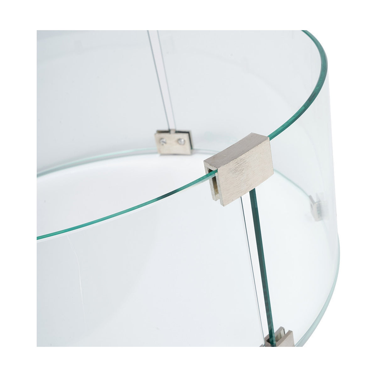 Close-up of the Cosiglass 52cm fire pit glass surround showing curved tempered glass panels joined with brushed metal corner brackets on a white background.