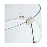 Close-up of the Cosiglass 52cm fire pit glass surround showing curved tempered glass panels joined with brushed metal corner brackets on a white background.