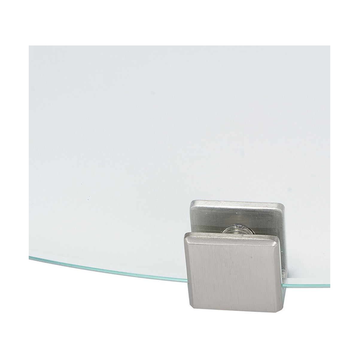 Close-up of the Cosiglass Large Fire Pit glass surround edge, showing tempered clear glass secured by a brushed steel square bracket clip.
