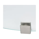 Close-up of the Cosiglass Large Fire Pit glass surround edge, showing tempered clear glass secured by a brushed steel square bracket clip.